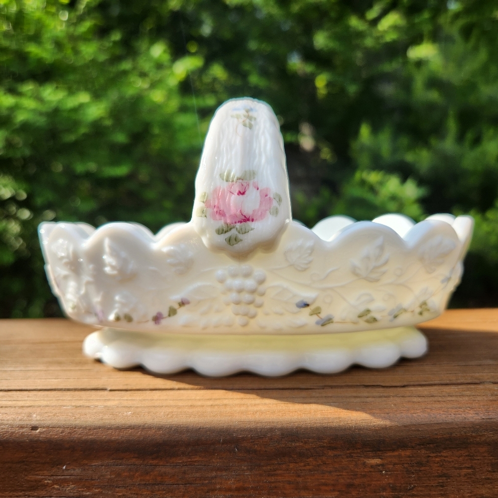 Westmoreland Hand Painted Milk Glass Paneled Grape Basket w/ Floral Design